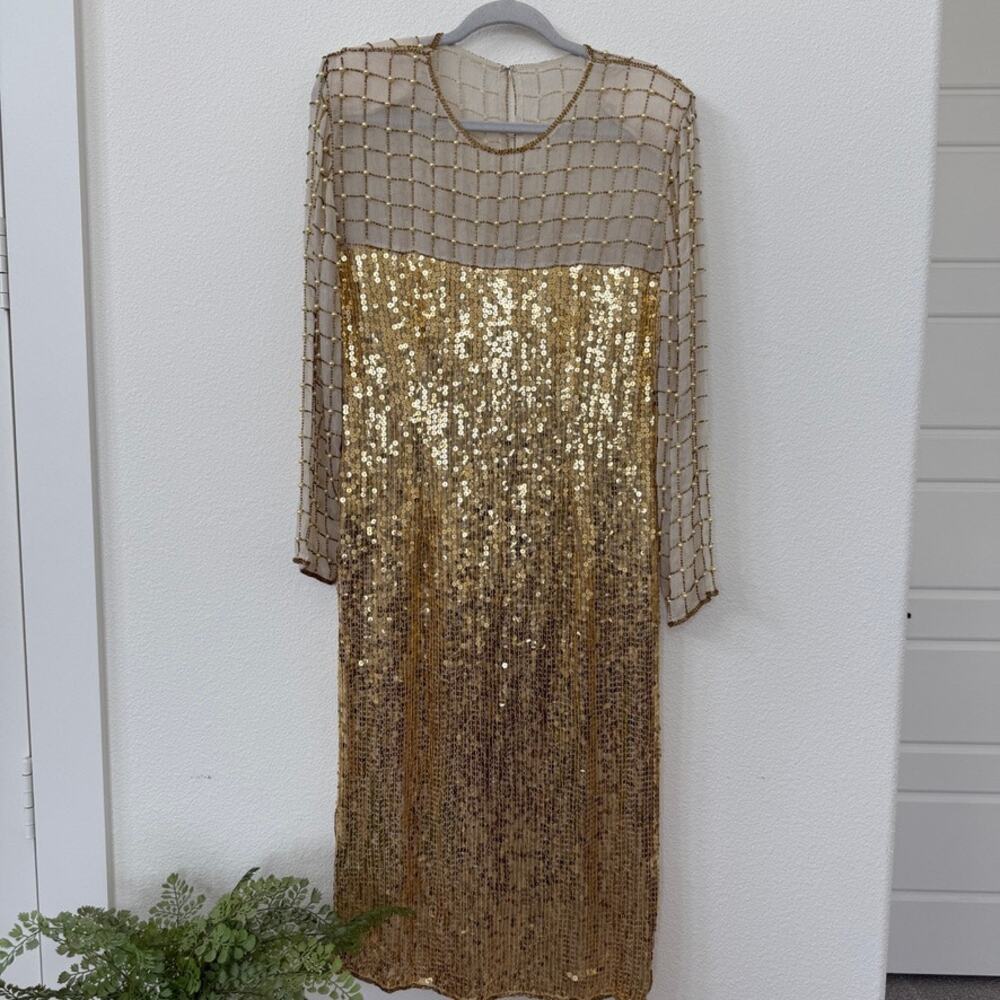 Vintage Gold Sequin Silk Dress Beaded Overlay Elegant Formal Long Sleeve 45”